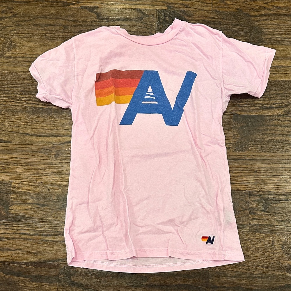 Aviator Nation Pink Tee with Rainbow Graphic